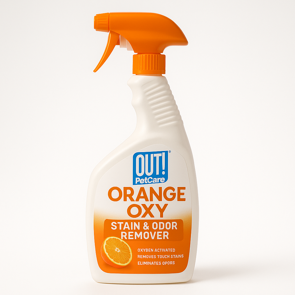 Best Dog Urine Removers of 2025 for Carpet and Hardwood Floors 3 A bottle of OUT! PetCare Orange Oxy Stain & Odor Remover, featuring an orange trigger spray nozzle and a label displaying the product's name and key features.