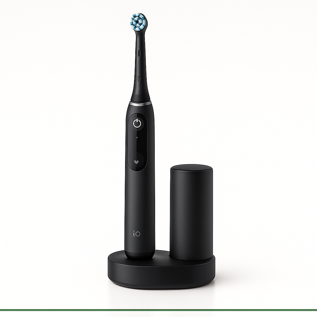 Oral-B iO Series 10 electric toothbrush with a sleek black design and charging base.