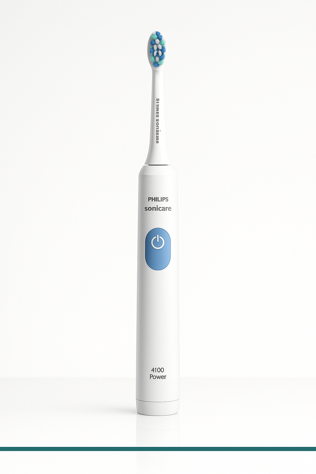 Philips Sonicare 4100 Power electric toothbrush with a blue power button, displayed against a plain white background.