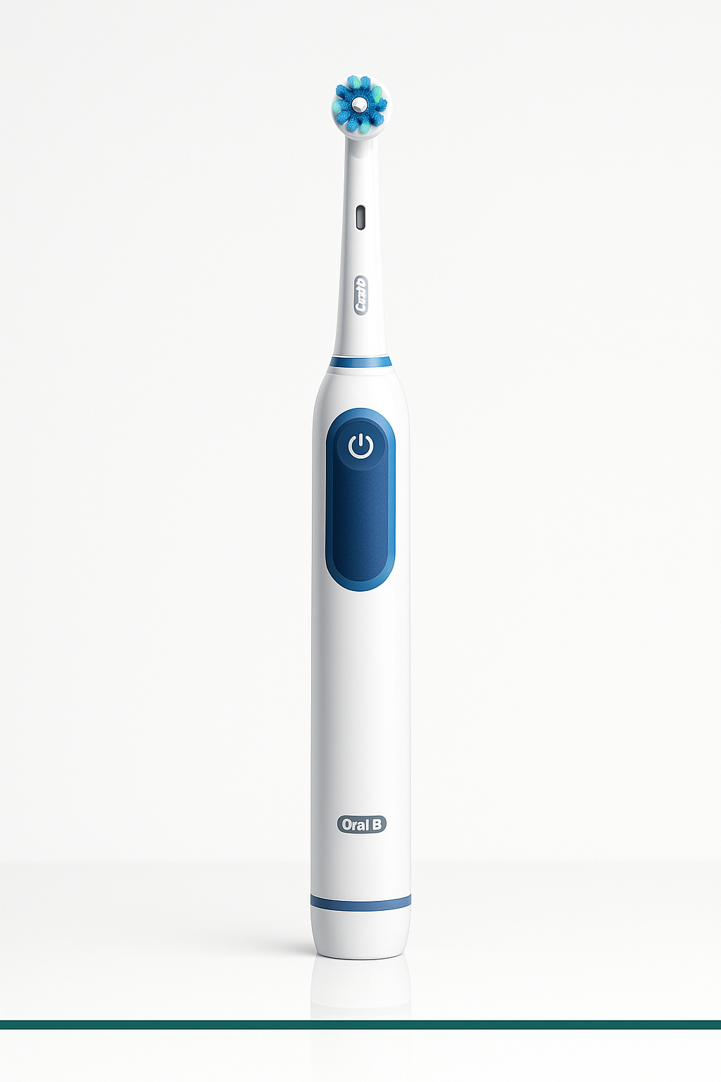 Image of the Oral-B Smart 1500 electric toothbrush, featuring a blue and white design with a round brush head, front power button, and visible pressure sensor.