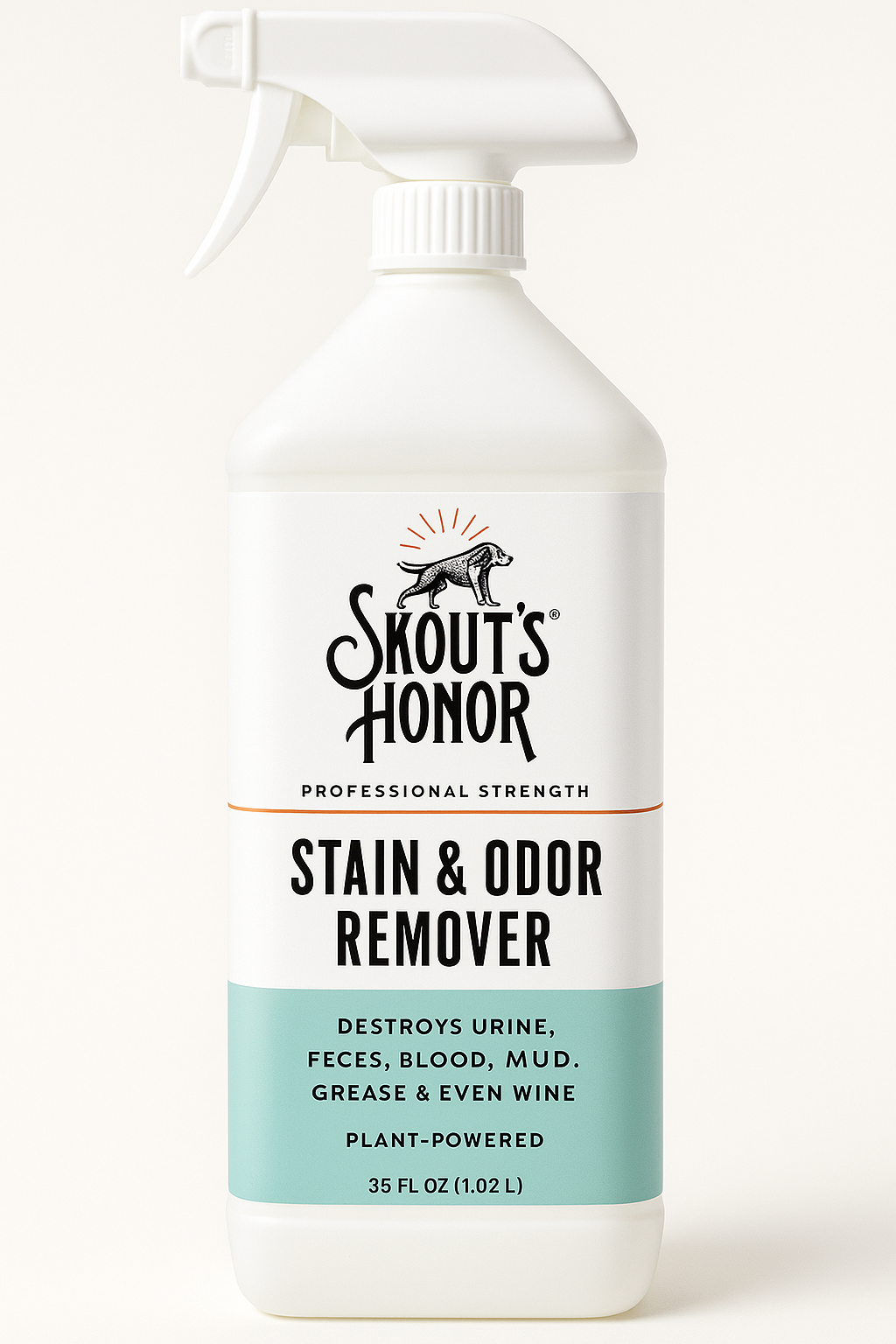 Best Dog Urine Removers of 2025 for Carpet and Hardwood Floors 4 Bottle of Skout's Honor Professional Strength Stain & Odor Remover for pets, featuring a spray nozzle and labeled with its ability to destroy urine, feces, blood, mud, grease, and wine. The design emphasizes its plant-powered formula.