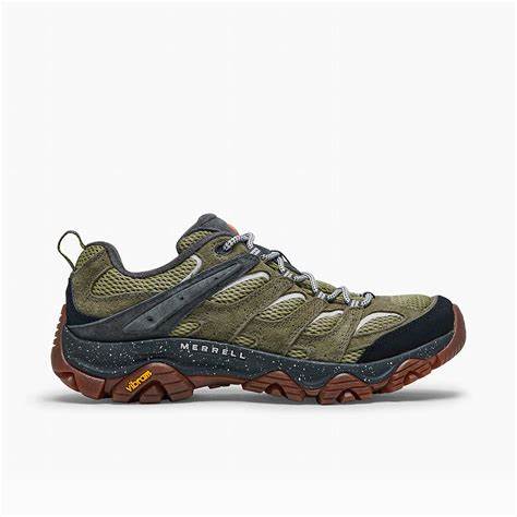 Merrell Moab 3 hiking shoe in earthy tones with a Vibram outsole, designed for durability and comfort on trails.