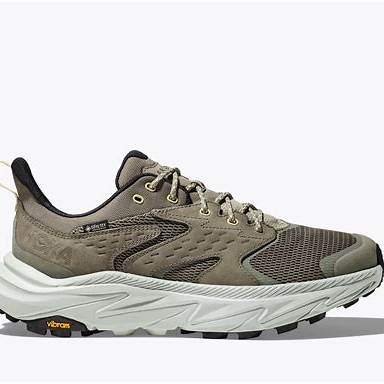HOKA Anacapa 2 Low GTX hiking shoe in green and gray with a breathable upper and rugged outsole.