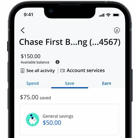 Screenshot of the Chase banking app displaying account information with available balance, savings, and account services.