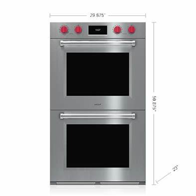 Top 2025 Electric Ovens: Picks for Every Budget 5 Wolf M-Series DO3050PM-S 30-inch Double Wall Oven with stainless steel finish, featuring two compartments and red control knobs.