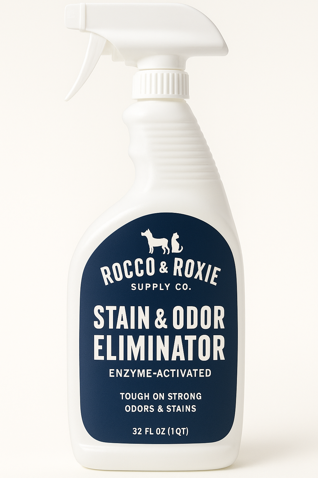 Best Dog Urine Removers of 2025 for Carpet and Hardwood Floors 5 A spray bottle of Rocco & Roxie Professional Strength Stain & Odor Eliminator, featuring a white design with a blue label that reads 'Stain & Odor Eliminator' and includes a dog silhouette.