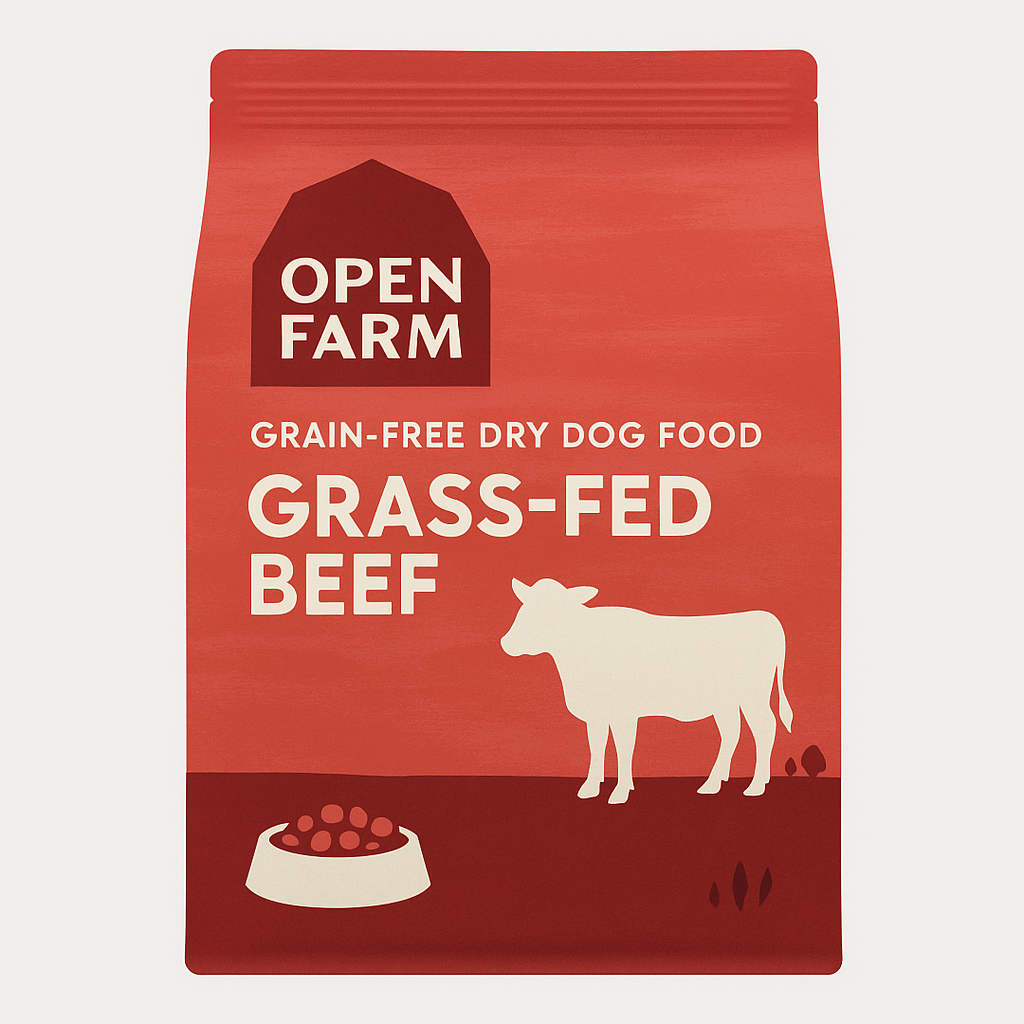 A bag of Open Farm Grain-Free Dry Dog Food featuring a red design, highlighting 'Grass-Fed Beef' with an illustration of a cow and a bowl of dog food.