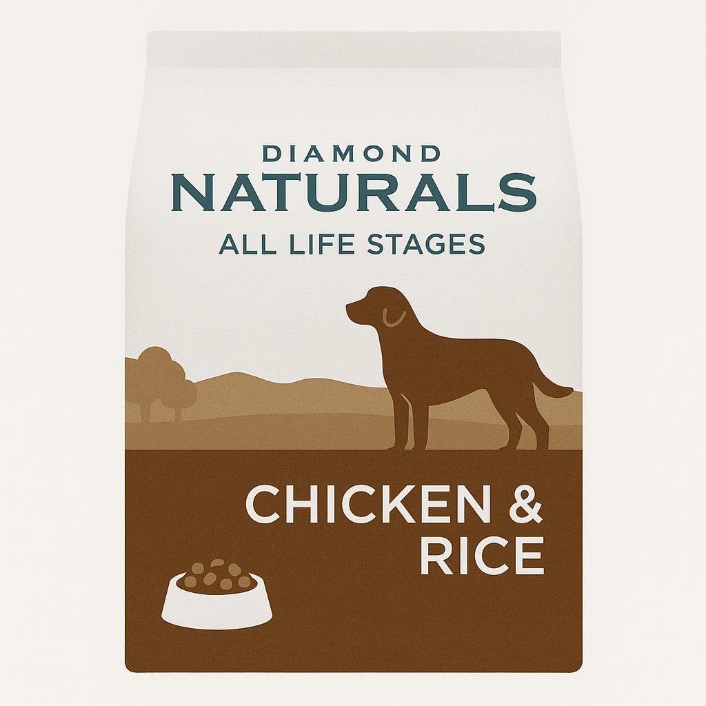 Bag of Diamond Naturals All Life Stages Chicken & Rice dog food featuring a silhouette of a dog and an illustration of a food bowl.