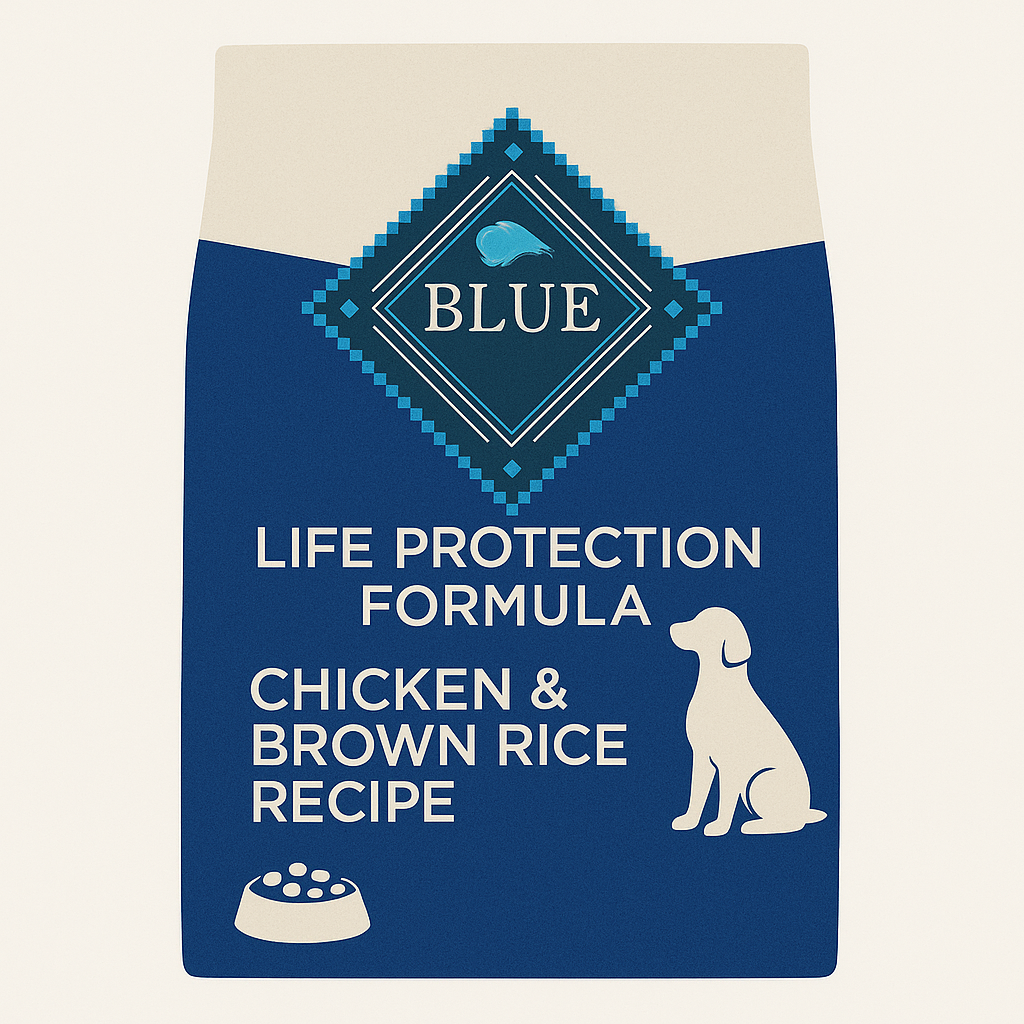 Blue Buffalo Life Protection formula dry dog food bag featuring chicken and brown rice recipe with an image of a dog silhouette.