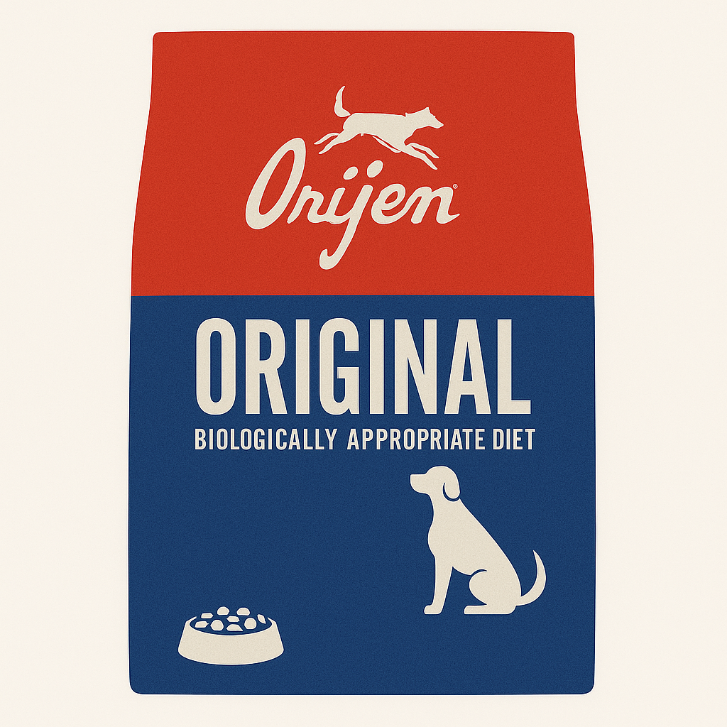 Bag of Orijen Original Biologically Appropriate Diet dog food, featuring a red and blue design with a silhouette of a dog and a bowl.