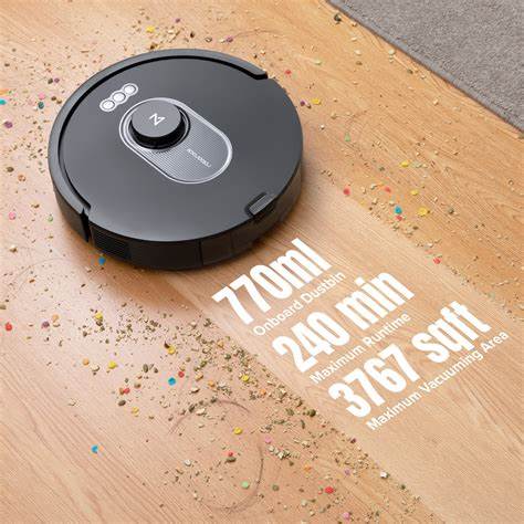 Top 4 Robot Vacuums: Best Choices for Every Budget 4 A robot vacuum cleaner on a wooden floor, surrounded by colorful debris and featuring text displaying its specifications, including onboard dustbin capacity, maximum runtime, and maximum vacuuming area.