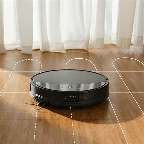 Top 4 Robot Vacuums: Best Choices for Every Budget 5 A black robotic vacuum cleaner on a wooden floor with light rays and a curtain in the background, illustrating its navigation path.