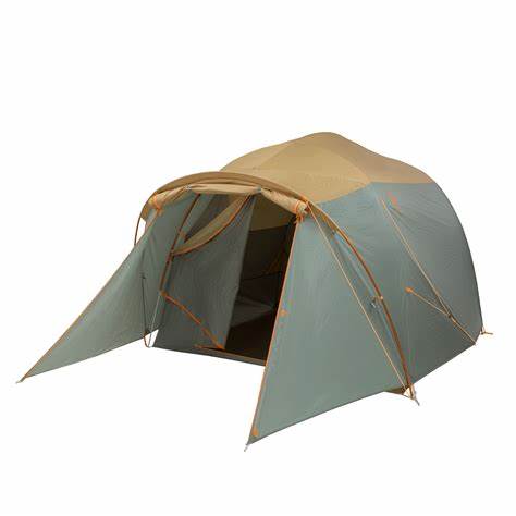 Top 2025 Family Camping Tents: Picks for Every Budget and Adventure 4 A spacious camping tent with a beige top and green sides, featuring a large front vestibule and multiple entrances.