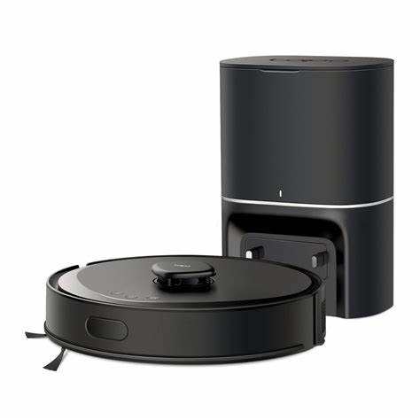 Top 4 Robot Vacuums: Best Choices for Every Budget 3 A black robotic vacuum cleaner next to its docking station, designed for auto-emptying and maintenance.