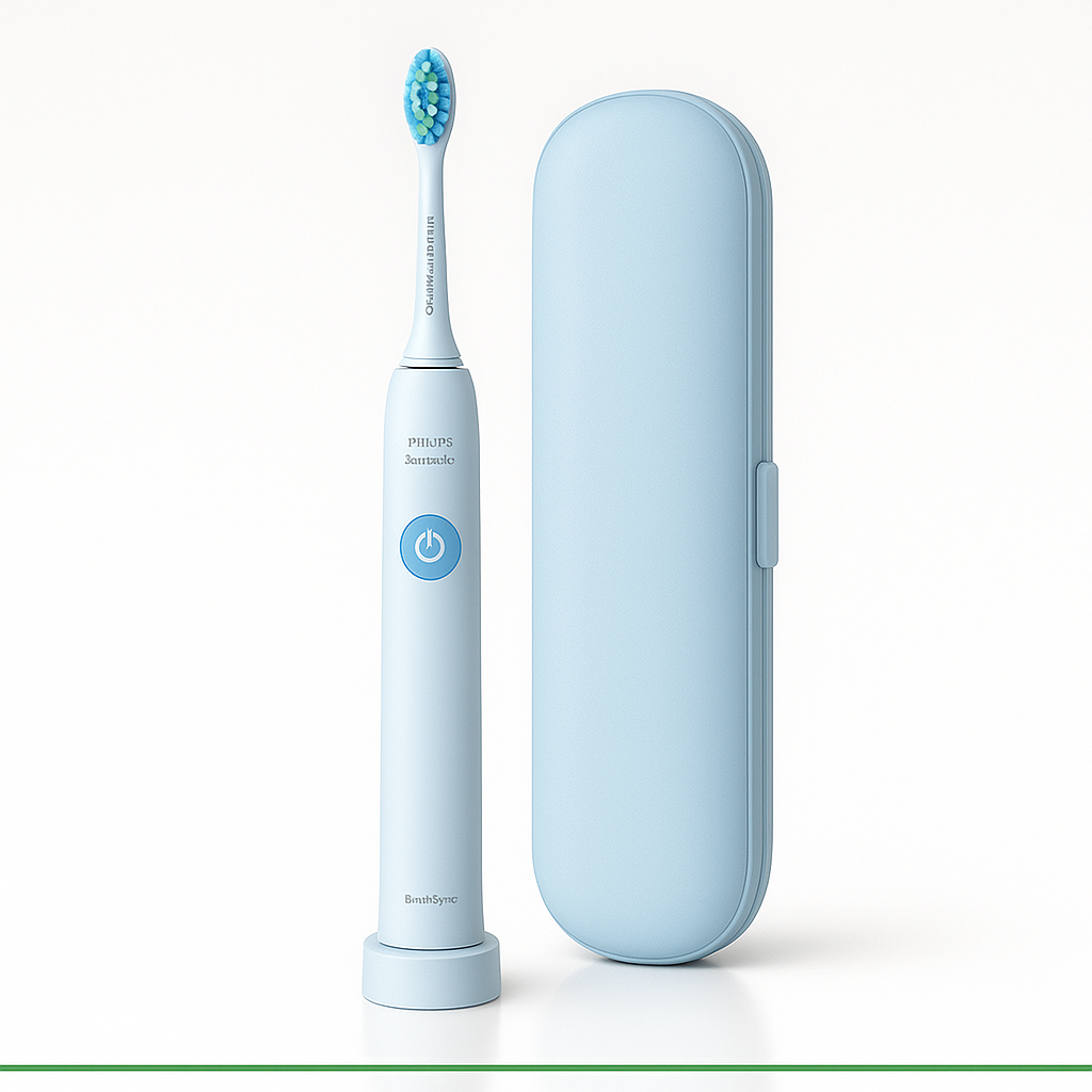 A Philips Sonicare electric toothbrush in light blue color, accompanied by a matching charging case.