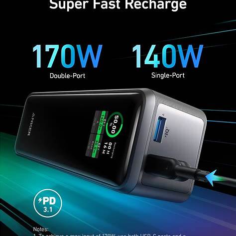 Anker power bank displaying wattage information with USB-C output options, designed for fast charging and portability.