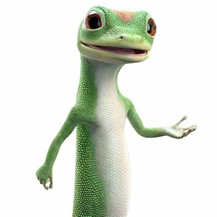 A cartoon gecko character smiling and gesturing with one hand.