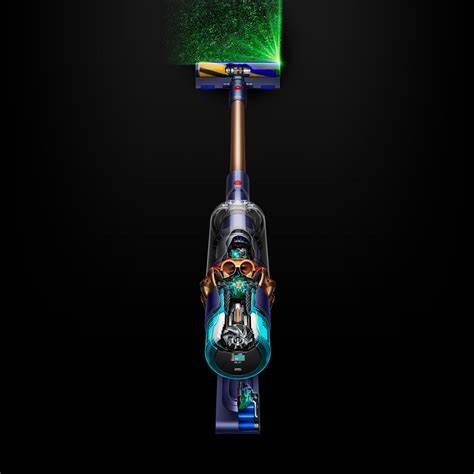 Top 2025 Stick and Upright Vacuums: Expert Picks 5 Dyson V15 Detect cordless stick vacuum featuring a laser highlighting dust, with a futuristic design and visible motor components.