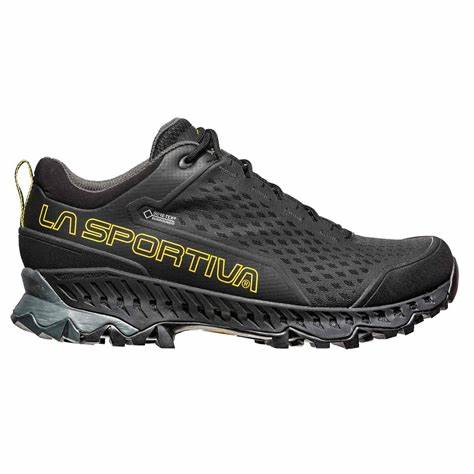 A black low-cut hiking shoe with 'LA SPORTIVA' branding, featuring a textured upper and a rugged outsole designed for traction.