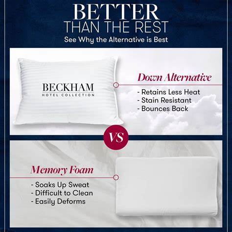 Comparison infographic highlighting the benefits of down alternative pillows versus memory foam, featuring the Beckham Hotel Collection pillow.