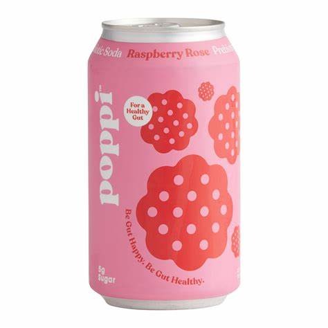 Best probiotic sodas that are low calorie 4 A can of Poppi sparkling soda in Raspberry Rose flavor, featuring a pink design with red polka dots and text promoting gut health.
