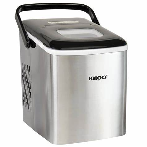 Stainless steel portable ice maker with a black lid and handle, featuring the Igloo logo.